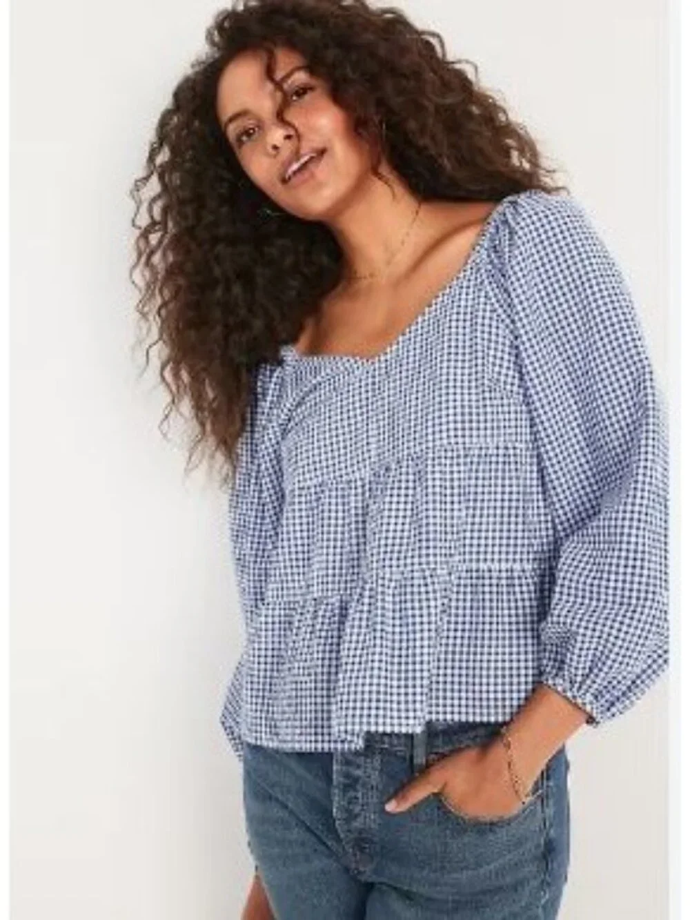Old Navy Size XXL Tiered Blue Gingham Puff Sleeve Baby Doll Swing Top Empire Wai